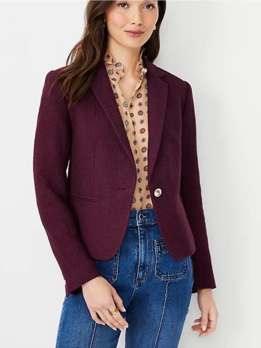 Ann Taylor Newbury Blazer Knit Twill in Burgundy - Size 0